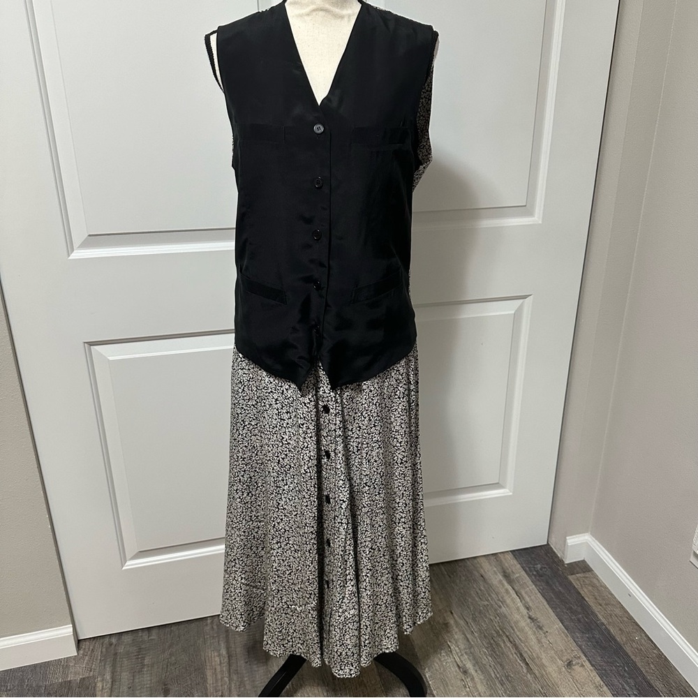 Vintage vest and midi skirt set black floral silk medium The Silk Collection